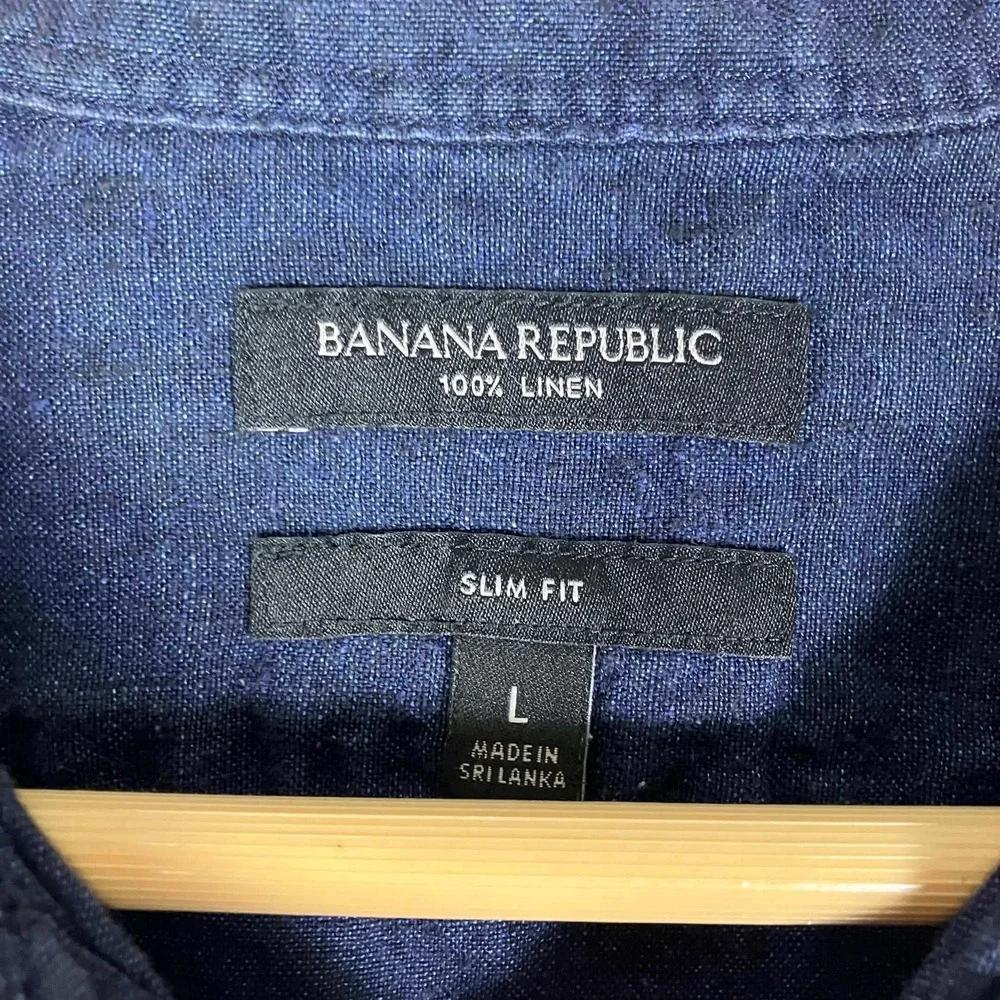 Banana Republic Button Down Shirt Mens Large Navy Blue 100% Linen Slim Fit